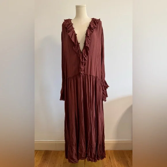 Free People Sweet Darling Long Sleeve Ruffle Dress in Brown -Boho -Size: S NWT! - Picture 7 of 11